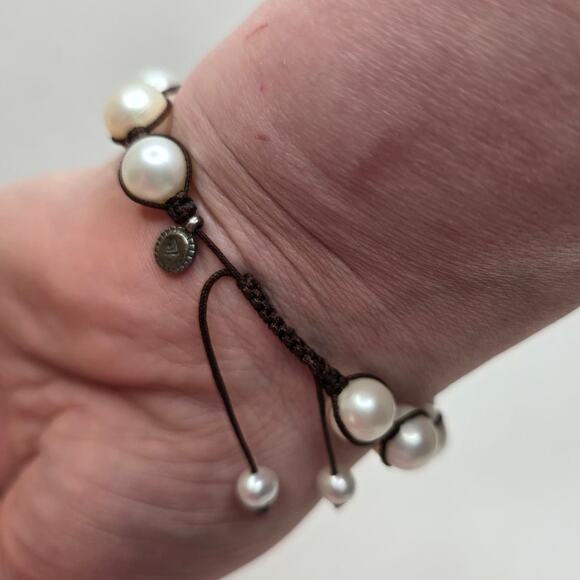 Silpada Vintage Sterling Silver & Genuine Large Pearls Brown Corded Bracelet - Picture 5 of 9